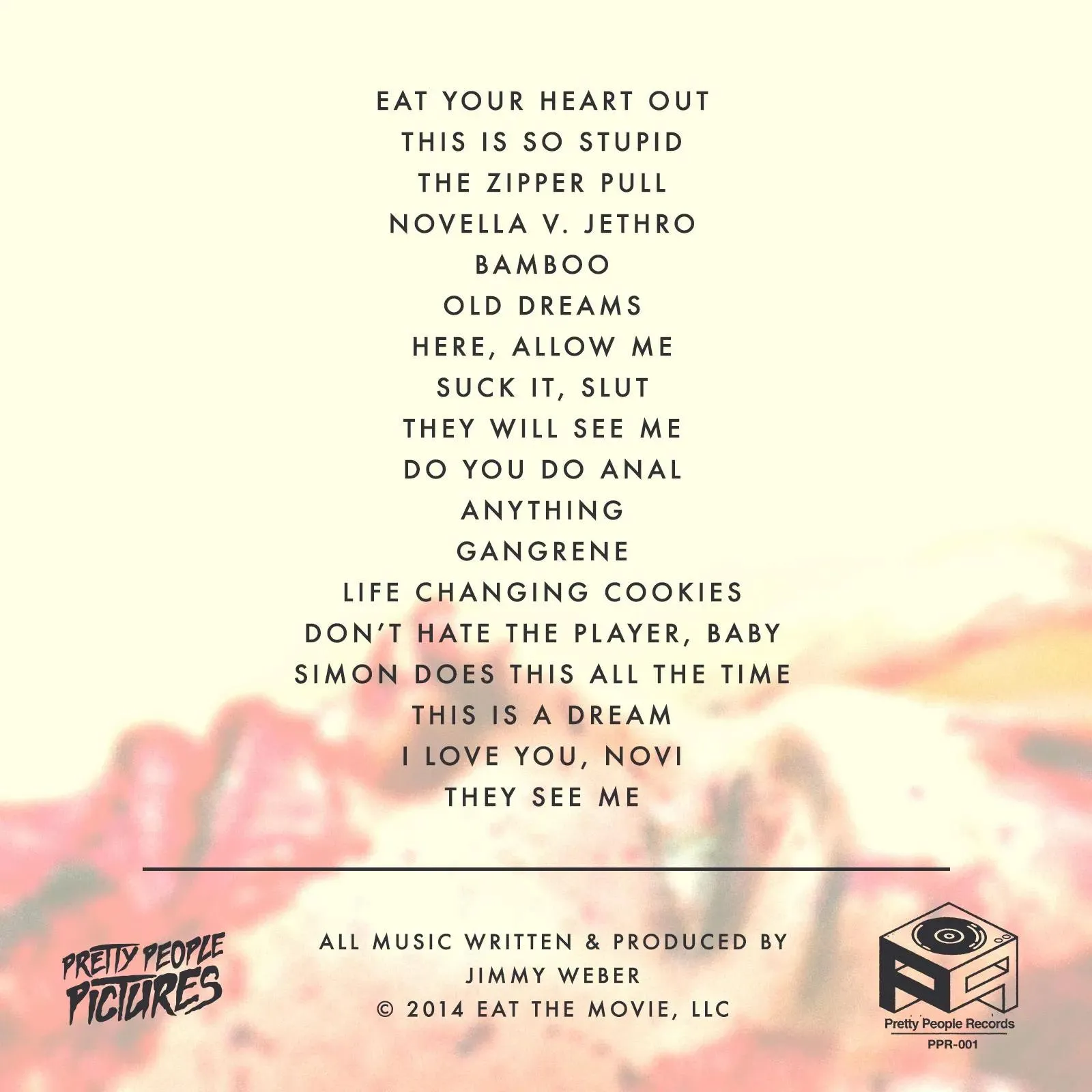 Back cover and track listing of the EAT soundtrack.